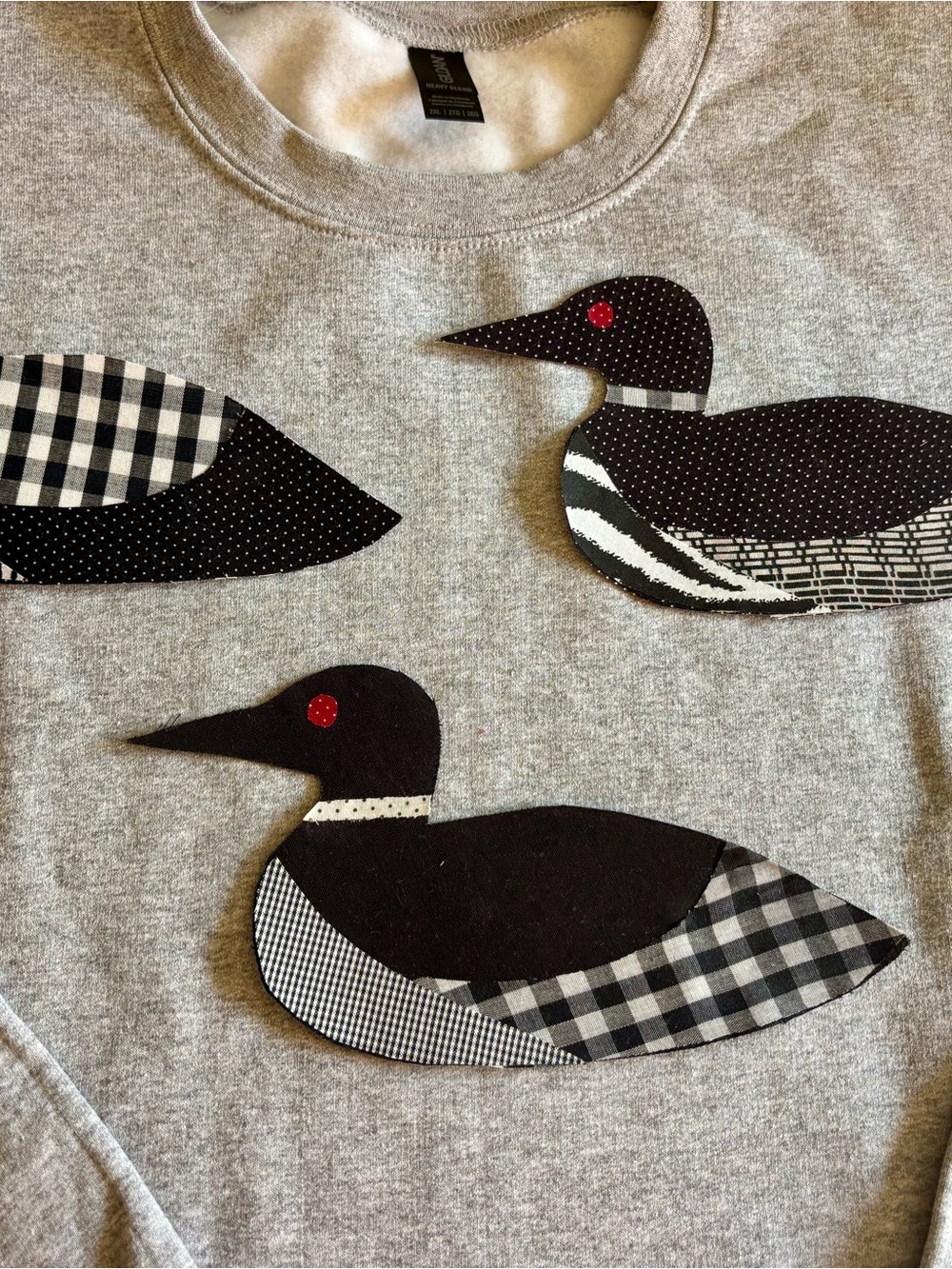 Maine Loon Gray Sweatshirt with Black white fabric custom Appliqué all sizes avl
